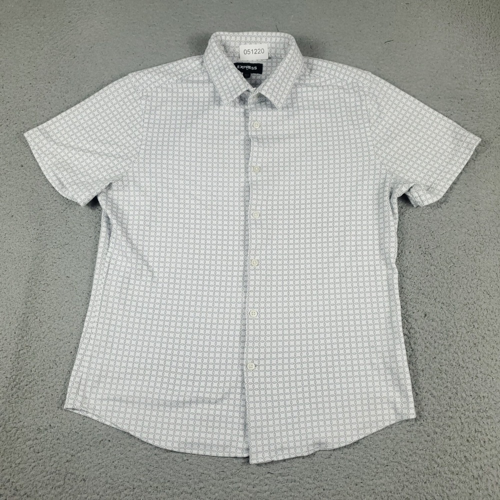 Express Shirt Mens Size Medium Gray Gemoetric Slim Button Up Short Sleeve